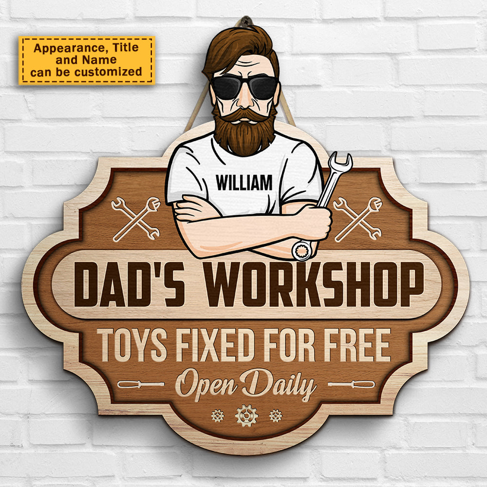 Atelier de papa, Jouets réparés gratuitement - Cadeau pour papa, grand-père - Panneau en bois personnalisé